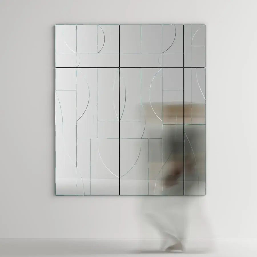 Exclusive Tonelli Design Maybe mirror composed of juxtaposed rectangular panels in silver mirrored finish with geometric lines