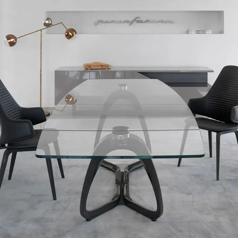 Superior Reflex Segno table with transparent glass top and black-toned mixed material base crafted in Italy