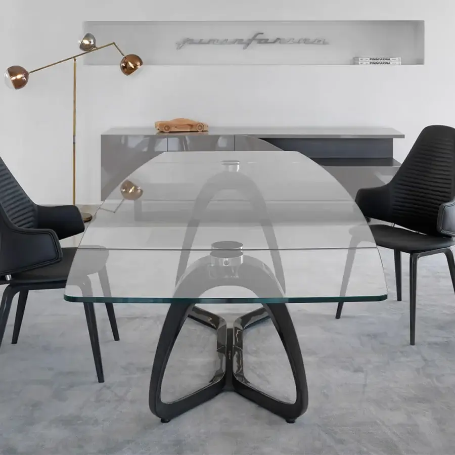 Distinguished Reflex Segno table with transparent glass top and bronze metal mixed material base