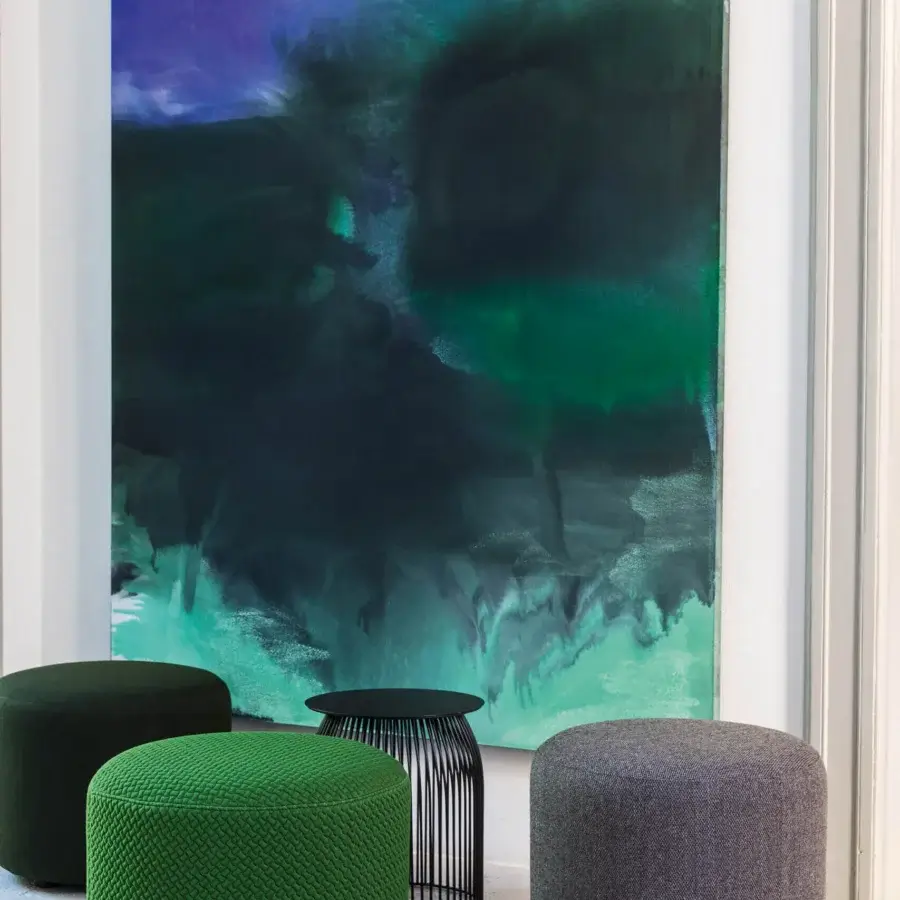 Distinguished LaCividina Molecule ottoman with bright green textured fabric and non-deforming polyurethane padding