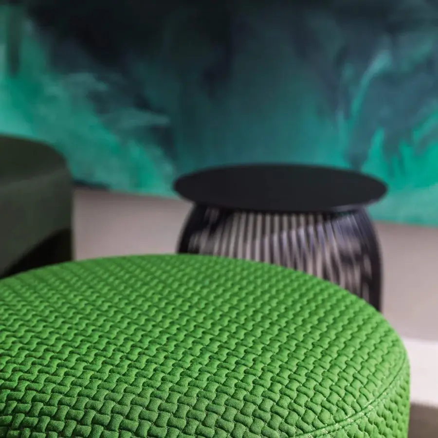 Distinctive LaCividina Molecule ottoman with quilted green fabric and wooden frame built with polyurethane padding