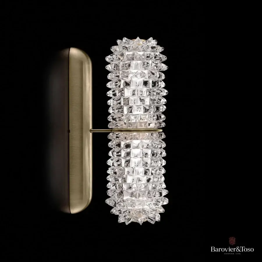 Distinguished Barovier&Toso Opéra wall lamp crafted in stacked clear Venetian crystal with a textured exterior and brushed two-tone metal band