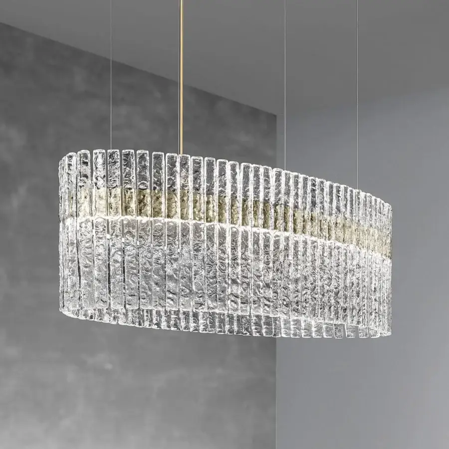 Elegant Masiero Vegas Ovale suspension lamp with a metal structure and refined rock-effect glass strips in golden tones