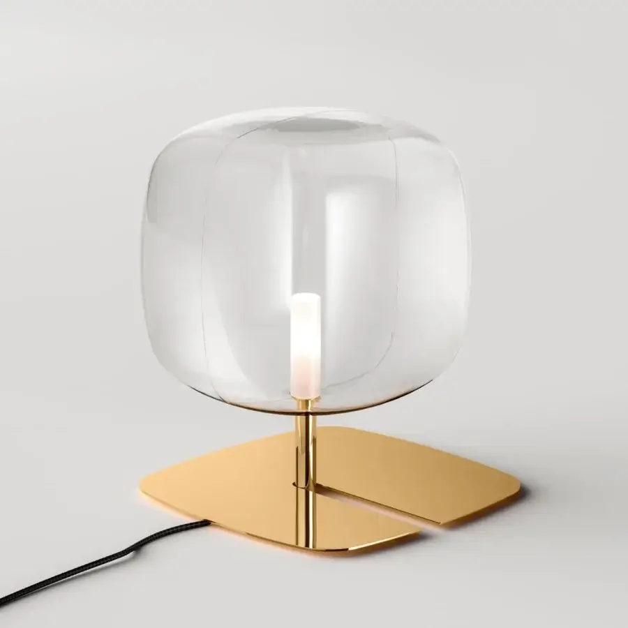 Superior Tonelli Design Hyperion lamp with transparent blown pyrex glass diffuser and glossy golden metallic structure