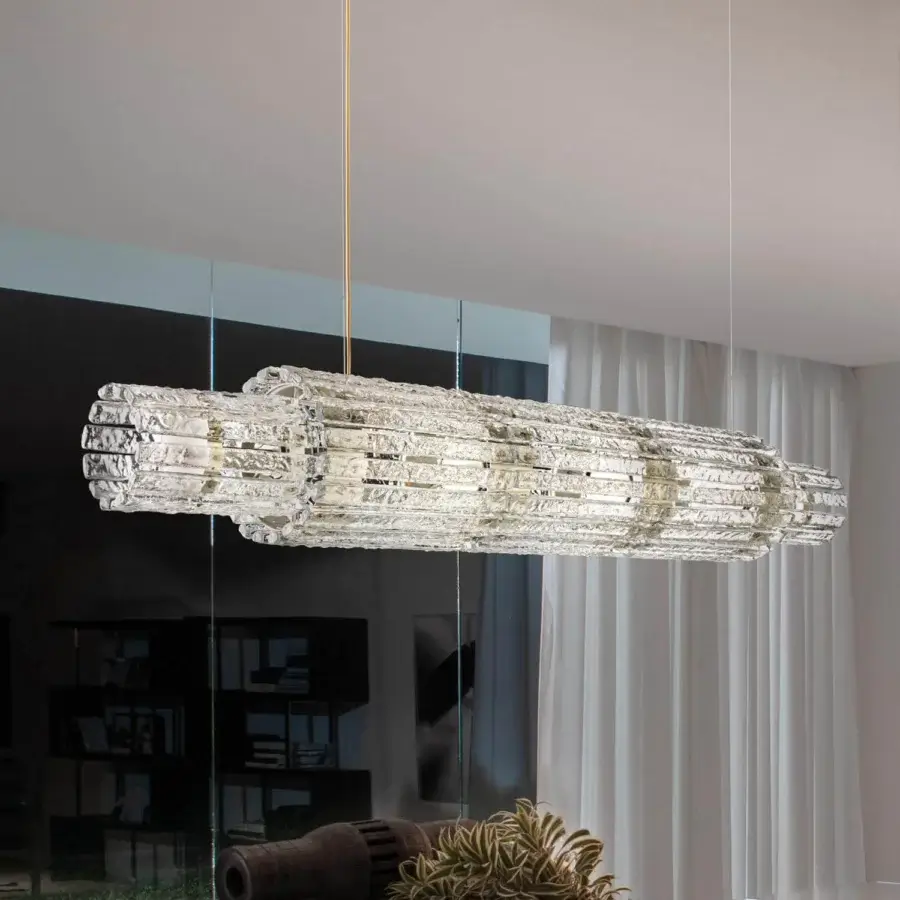 Innovative Masiero Vegas BIL suspension lamp with a metal structure and rock-effect glass strips in translucent off-white with a glossy finish