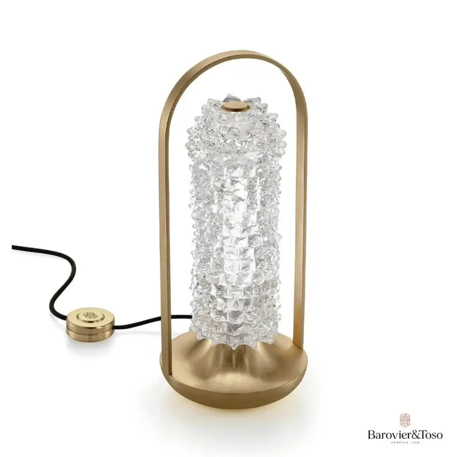 Elegant Barovier&Toso Opéra table lamp with cylindrical Venetian crystal body and gold-toned metal base in a brushed finish