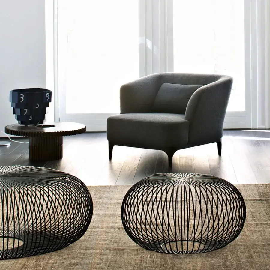 Distinguished LaCividina Elle lounge chair with curved lines in matte gray textile and black painted wood legs