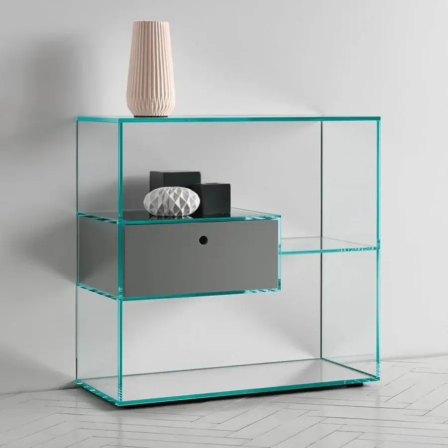 Exceptional Tonelli Design Liber console crafted in extra clear glass with mirrored base and matte gray drawer
