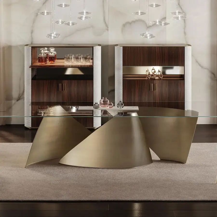 Superior Reflex Vele table with rectangular tempered glass and converging golden-toned brass legs