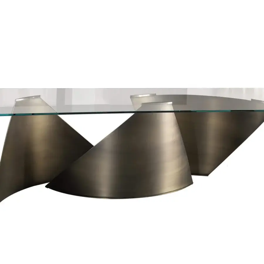 Distinguished Reflex Vele table with a rectangular tempered glass top and three conical metal legs in titanium finish