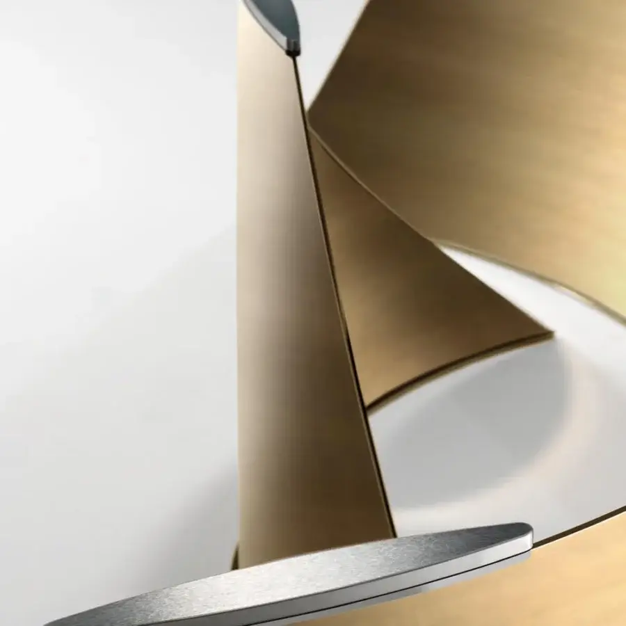 Exceptional Reflex Vele table with a geometric golden structure and sleek tempered glass top crafted with a matte finish