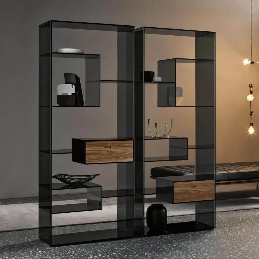 Distinguished Tonelli Design Liber bookcase with smoked glass and eucalipto wood drawers in glossy finish
