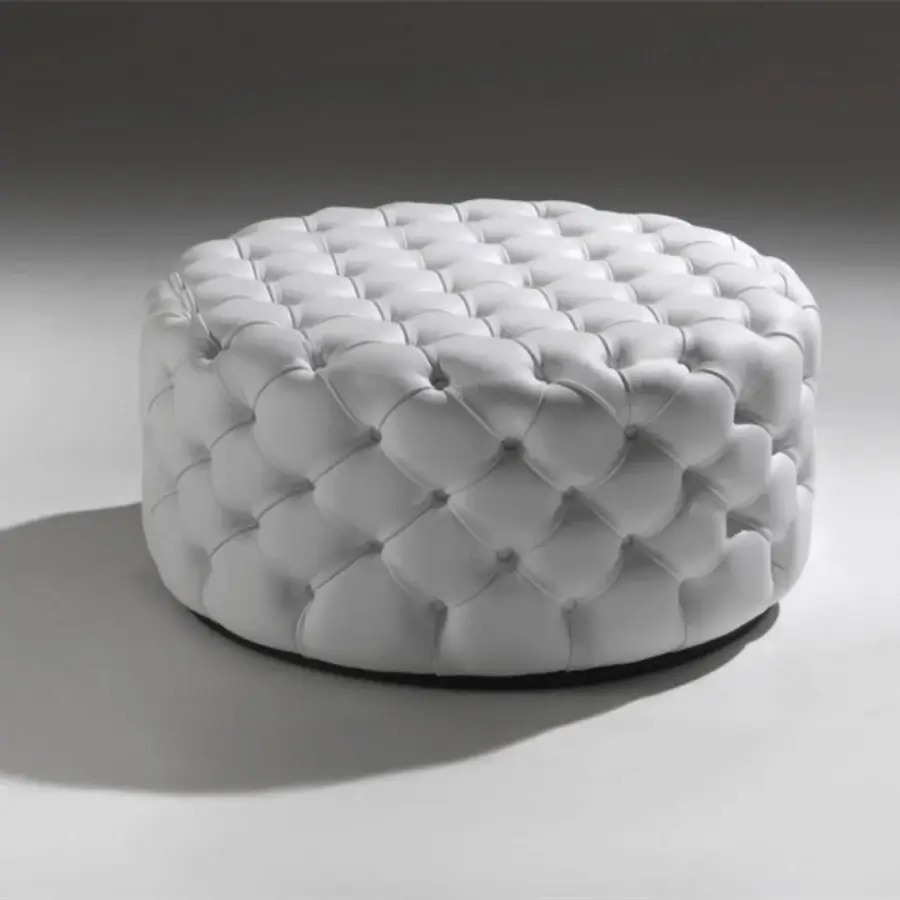 Harmonious Porada Alcide ottoman with glossy white synthetic fabric upholstery and diamond tufted cover