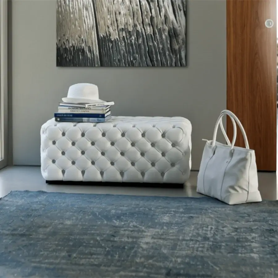 Superior Porada Alcide ottoman with eco-leather cover and glossy white finish displays button tufting