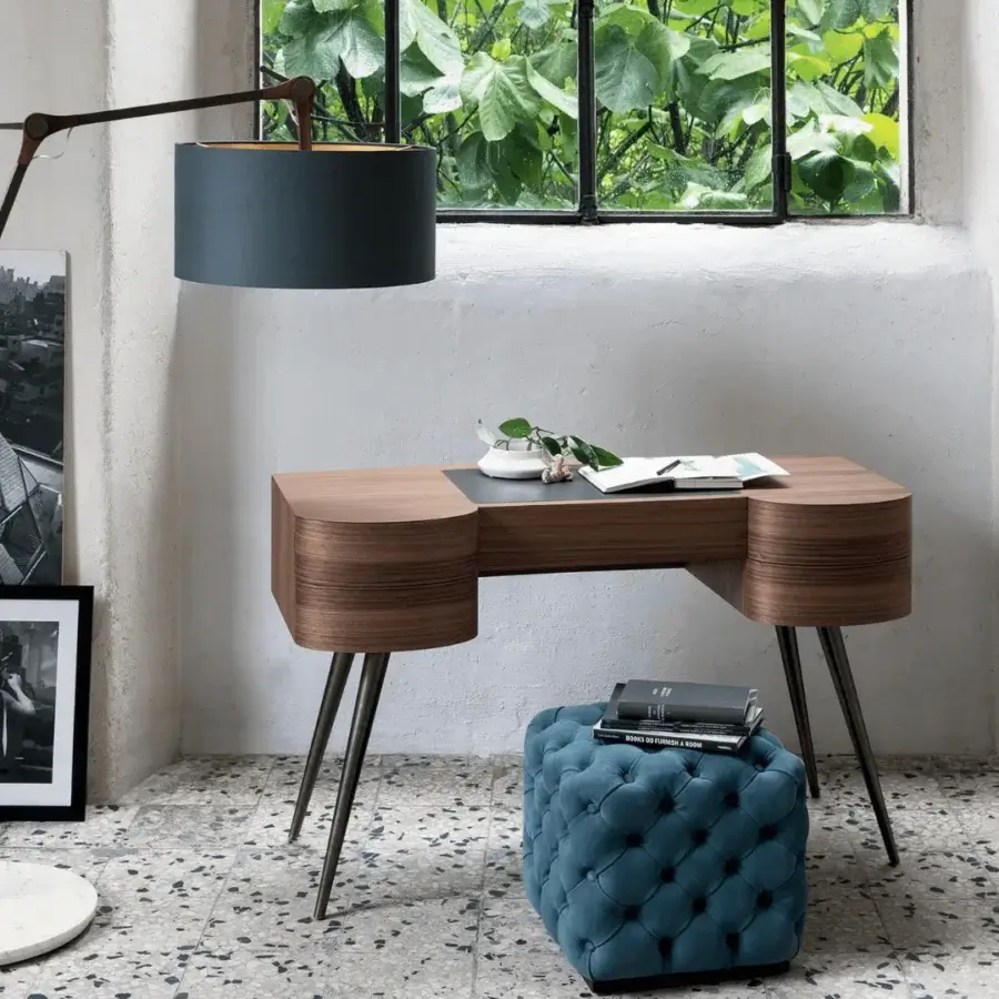 Elegant Porada Alcide ottoman with blue tufted fabric upholstery and discreet supporting legs