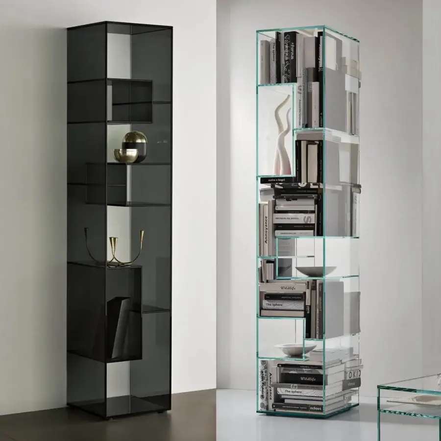 Exceptional Tonelli Design Liber bookcase with extra clear smoked glass structure and mirror base
