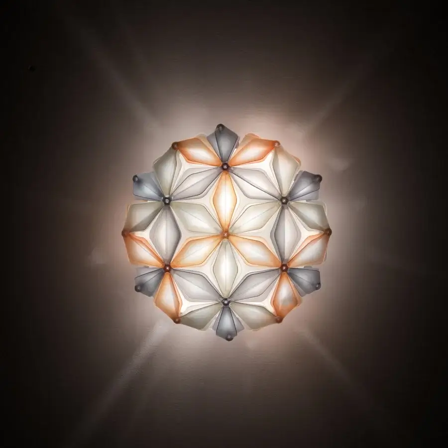 Exclusive Slamp La Vie ceiling/wall lamp with a geometric form crafted in Lentiflex and Opalflex with a white and orange-to-gray gradient finish