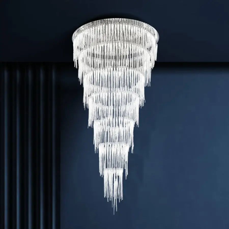 Superior Reflex Ice suspension lamp with mirror glass support and suspended solid Murano glass elements built with LED inside