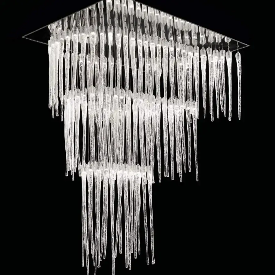 Captivating Reflex Ice suspension lamp with cascading solid Murano glass elements and integrated LEDs crafted with mirror glass support