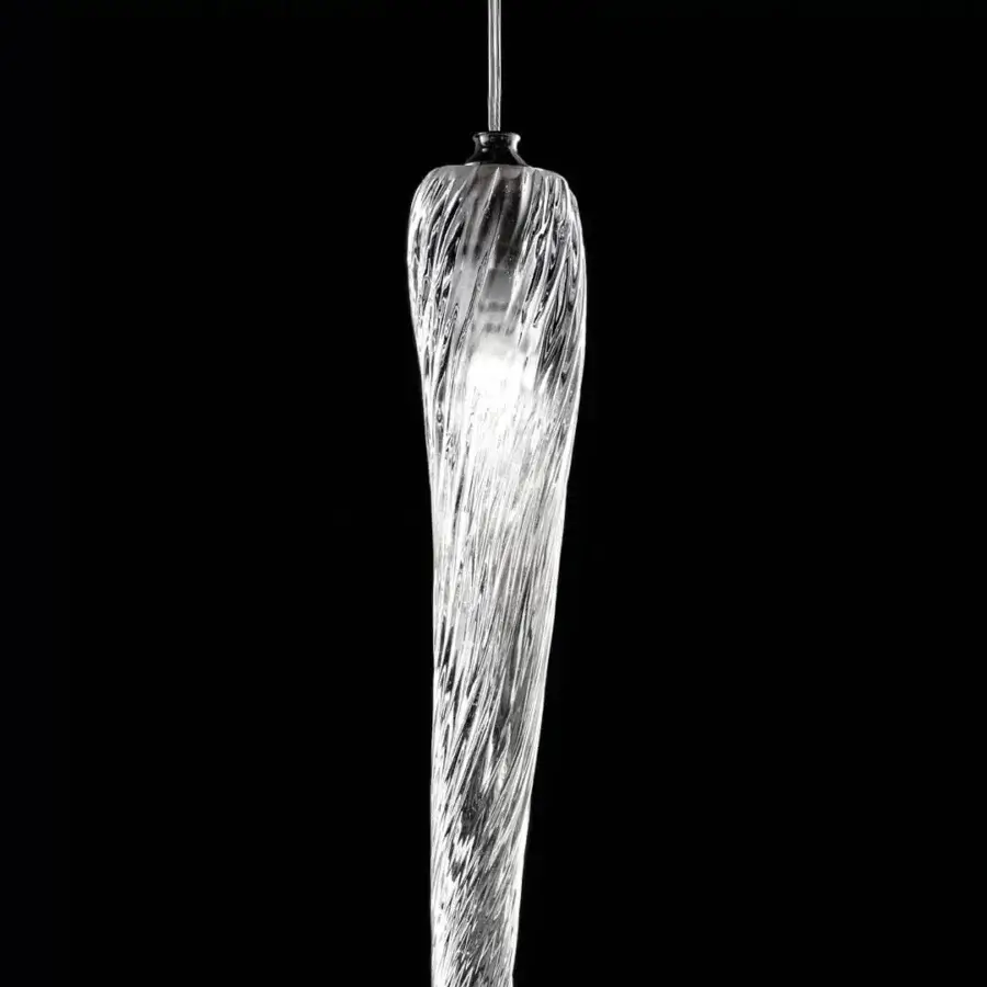 Superior Reflex Ice suspension lamp with spiraling clear glossy Murano glass and thin metallic cable construction