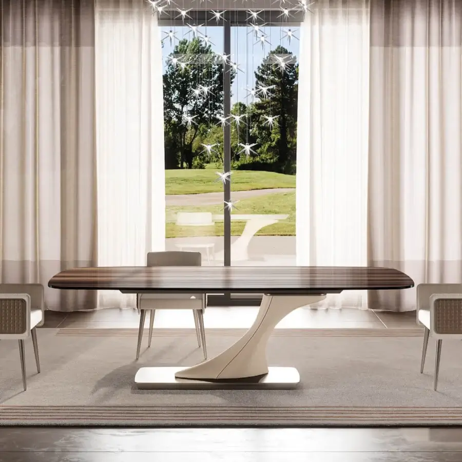Distinguished Reflex Archimede table with a square-round Wood glass top and sculptural leg crafted in luxury Naturale leather with a satin metal plinth
