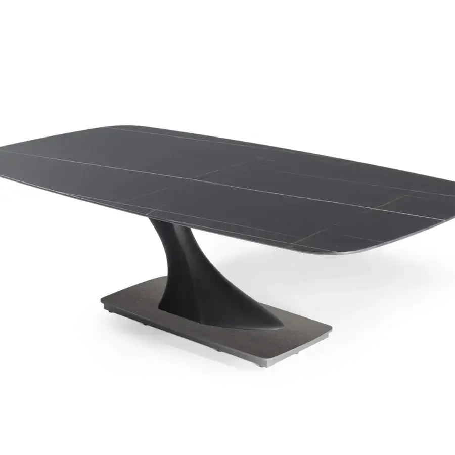 Exceptional Reflex Archimede table with dark gray Marble glass top and Naturale leather base in dark titanium satin finish