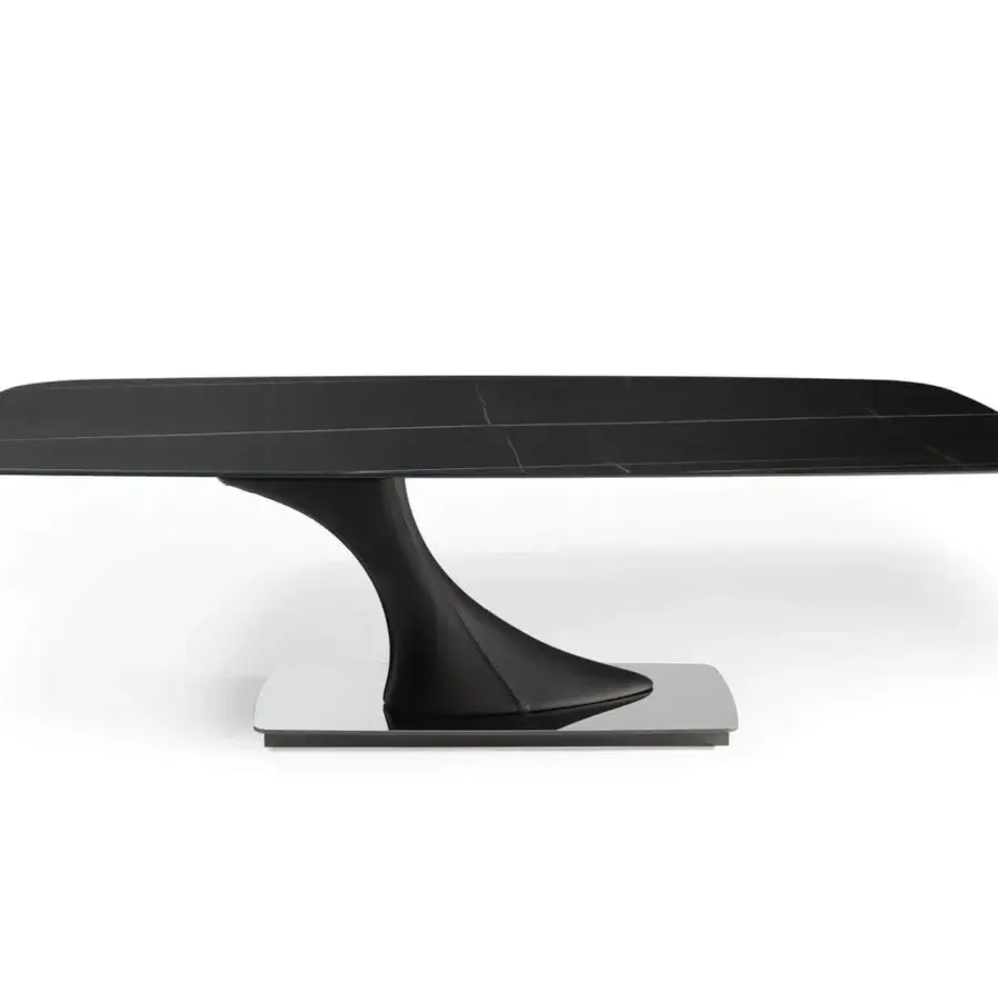 Superior Reflex Archimede table with square-round Marble glass top and luxury Naturale leather pedestal in dark brass satin finish