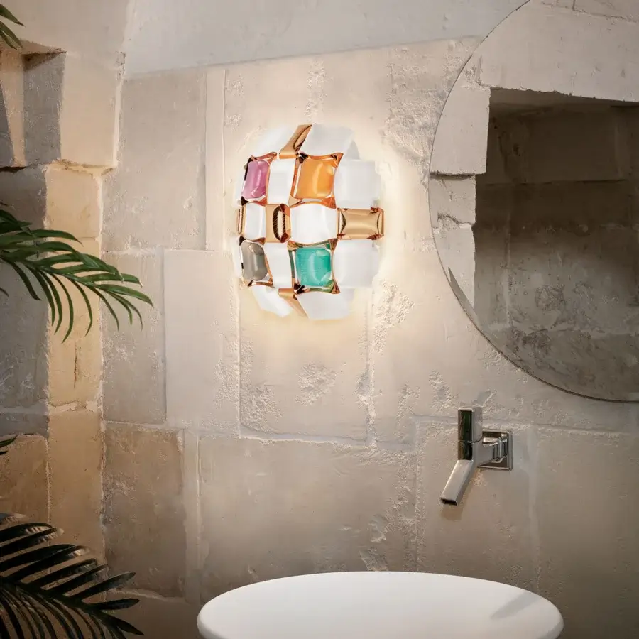 Exceptional Slamp Mida wall lamp handcrafted with multicolor tones in printed Lentiflex® and brushed metallized gems