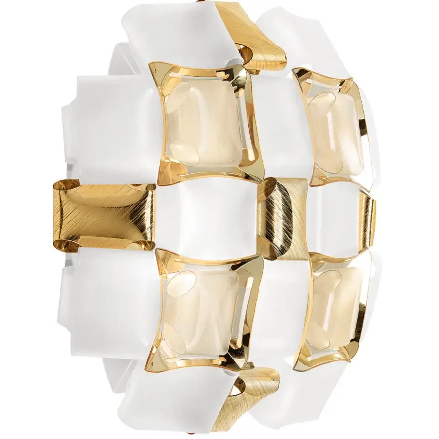 Elegant Slamp Mida wall lamp handcrafted in white Opalflex® with brushed metallized gold tone accents