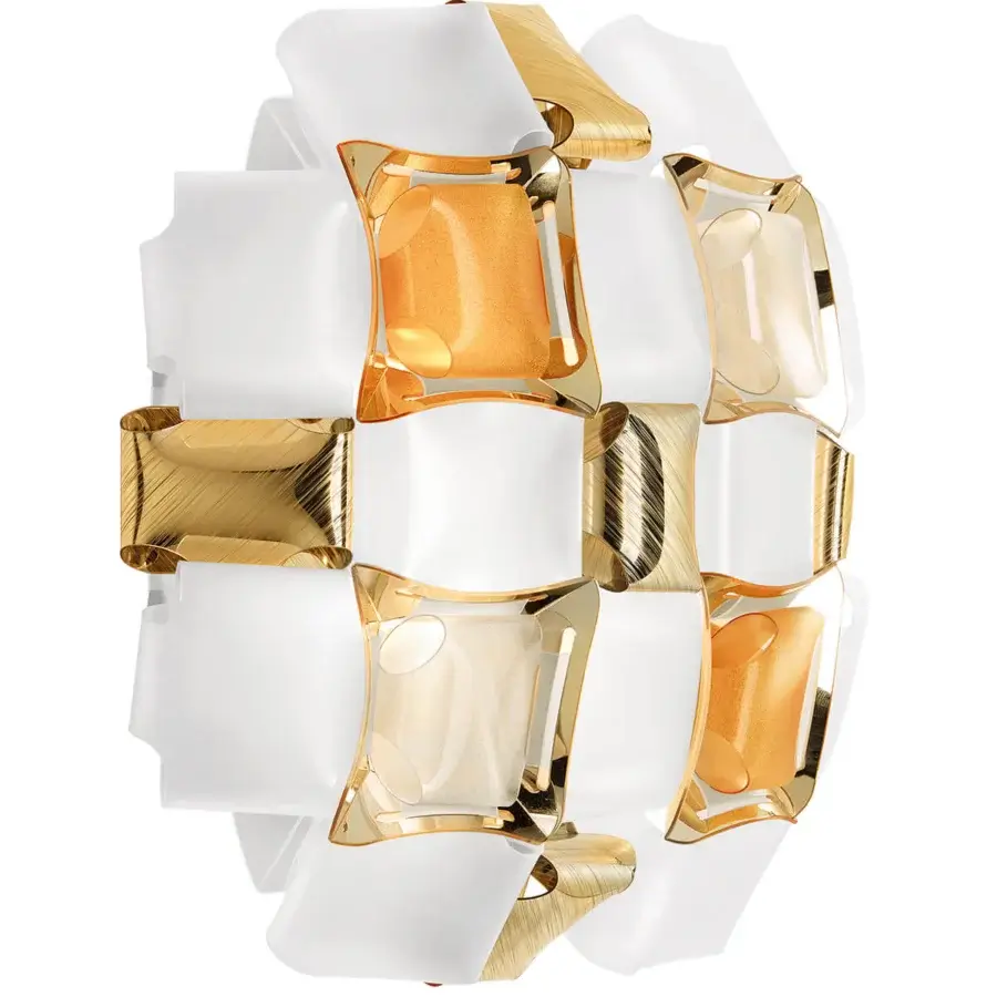 Distinguished Slamp Mida wall lamp crafted in white Opalflex® and Lentiflex® with woven squares trimmed in glossy golden bands