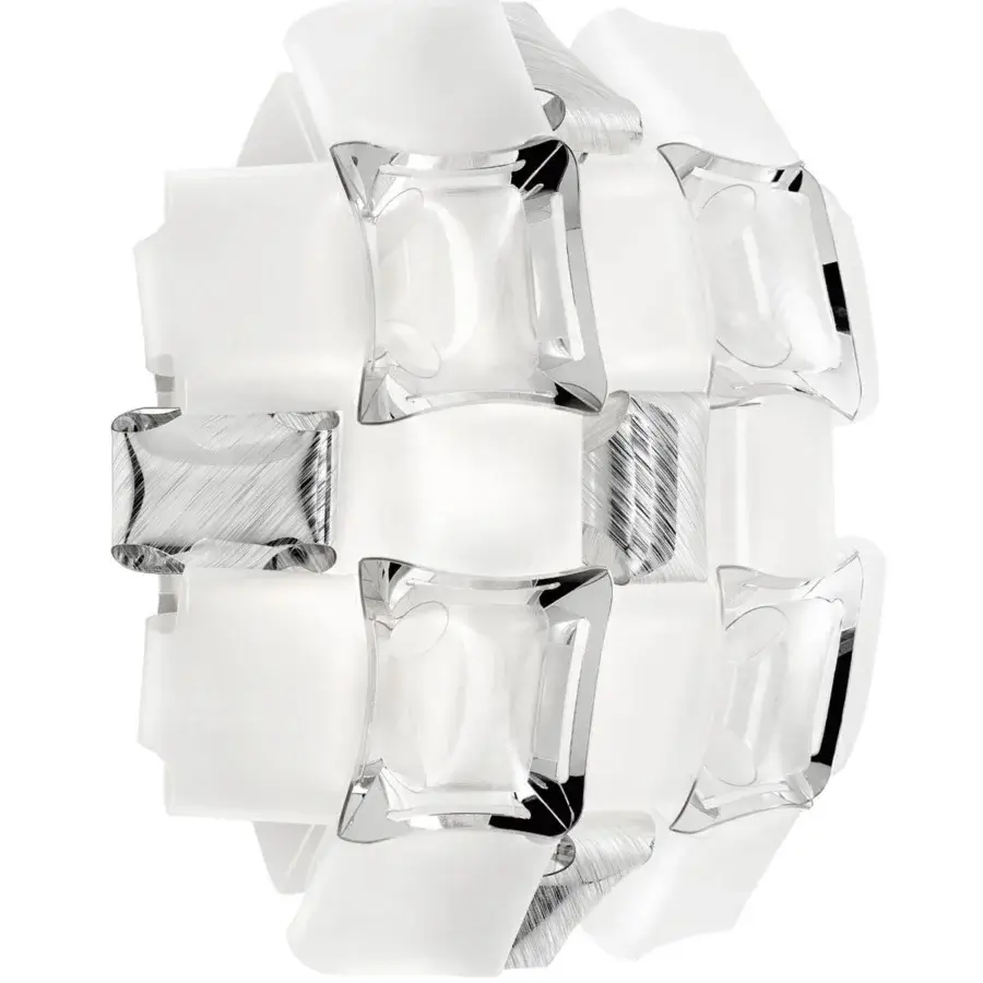 Exceptional Slamp Mida wall lamp handcrafted in matte white Opalflex® and clear Lentiflex® with polished metal accents