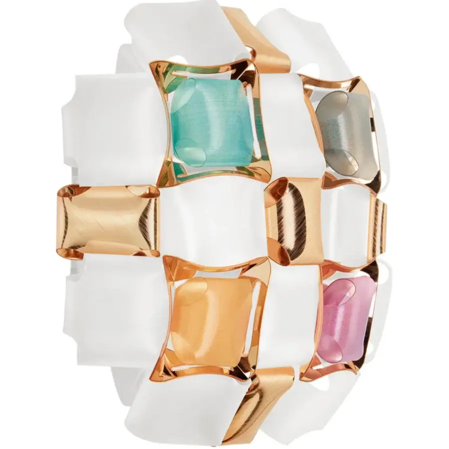 Lavish Slamp Mida wall lamp handcrafted with teal, gold, silver, and pink iridescent stones in brushed metallized brass and Opalflex® backing