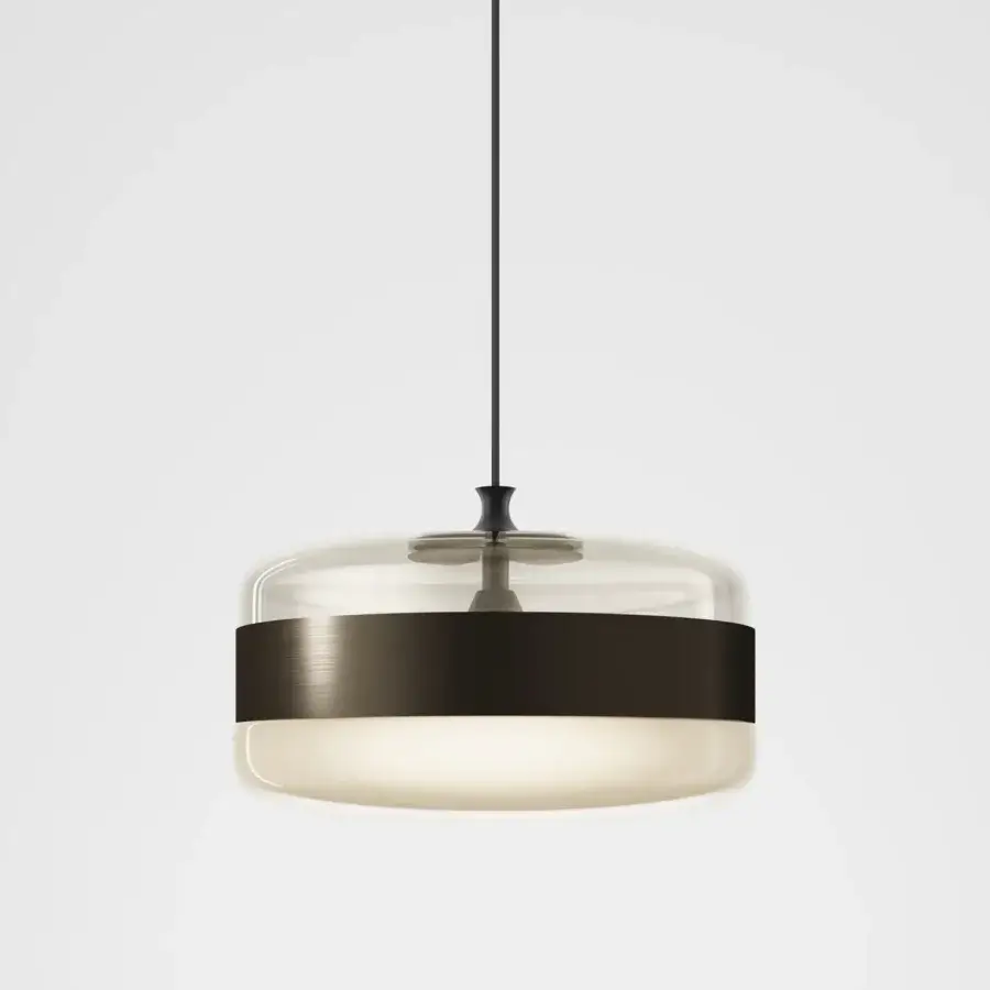 Exclusive Vistosi Futura suspension lamp crafted in hand-blown glass with a bronze metal ring and black cable