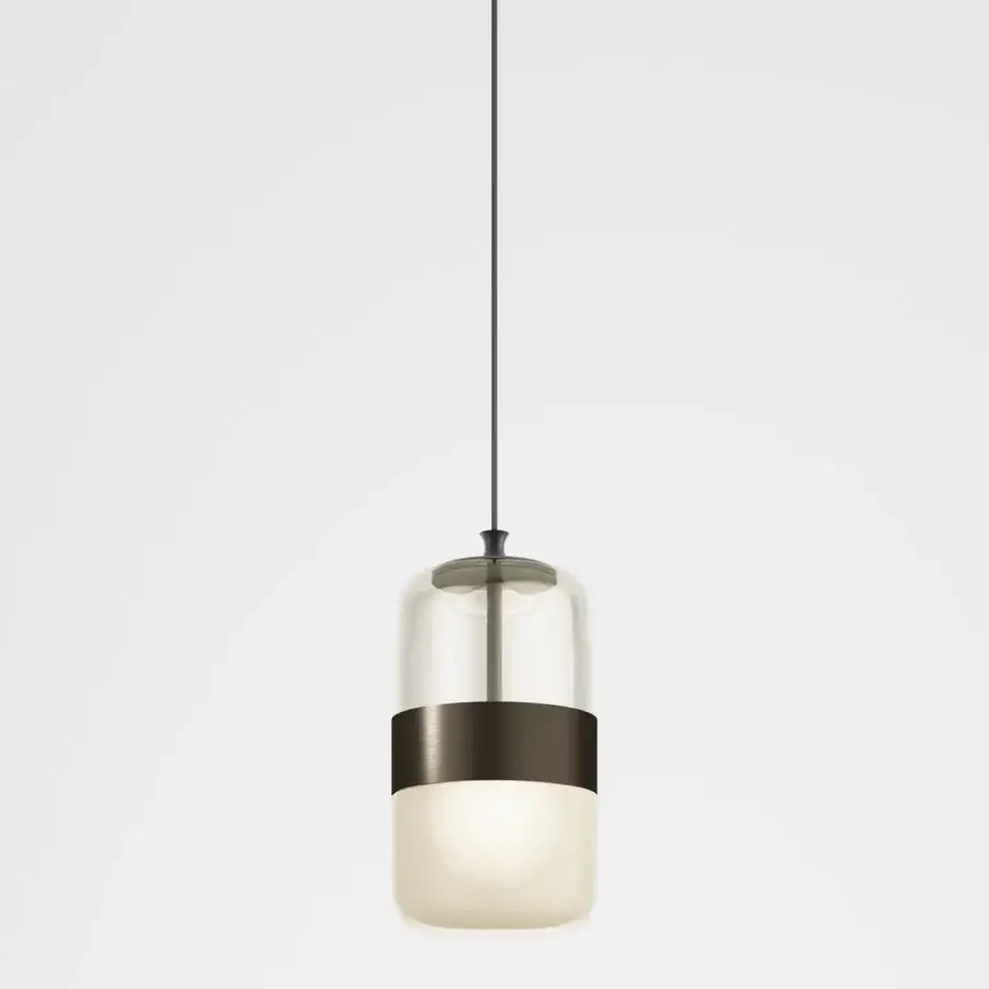 Distinguished Vistosi Futura suspension lamp crafted in hand-blown glass transitioning from clear to milky white with a dark brown metallic ring