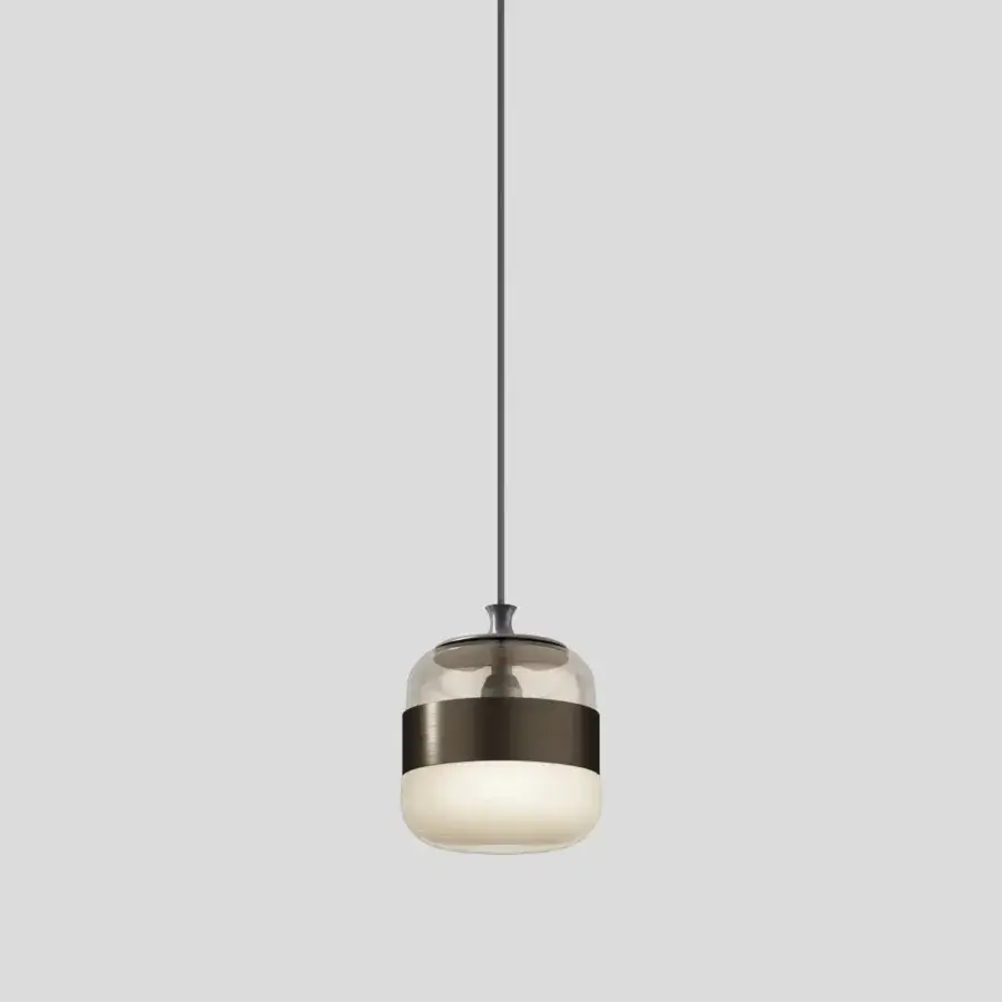 Elegant Vistosi Futura suspension lamp crafted in hand-blown glass with a dark metal ring bisecting its cylindrical form