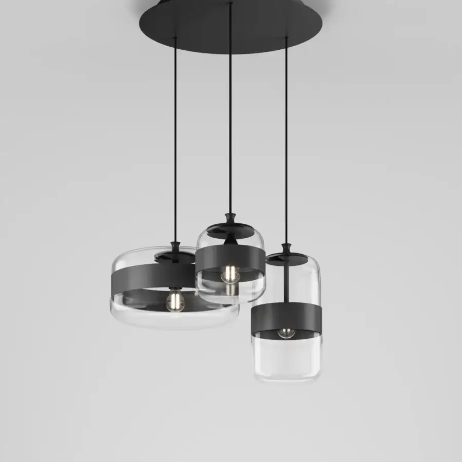 Superior Vistosi Futura suspension lamp crafted in hand-blown glass transitioning from transparent to colored shades with a matte black metal ring