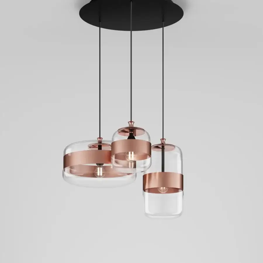 Exceptional Vistosi Futura suspension lamp crafted in hand-blown clear glass with copper accents and a sleek black ceiling mount