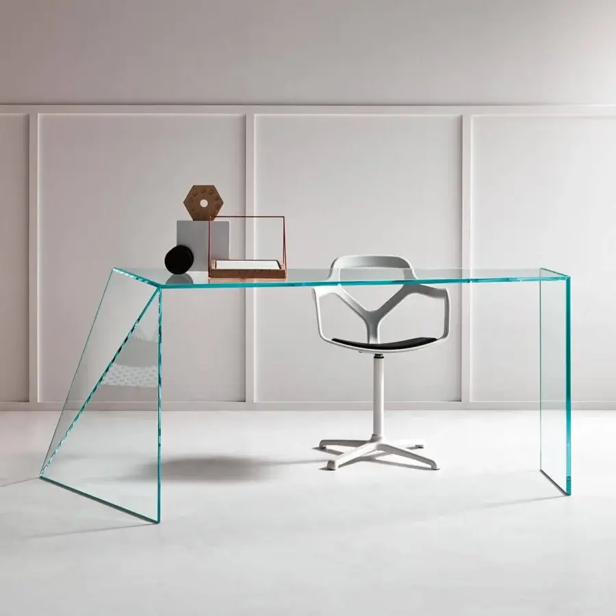 Exceptional Tonelli Design Penrose desk crafted in glass with oblique cuts and a subtle greenish tint