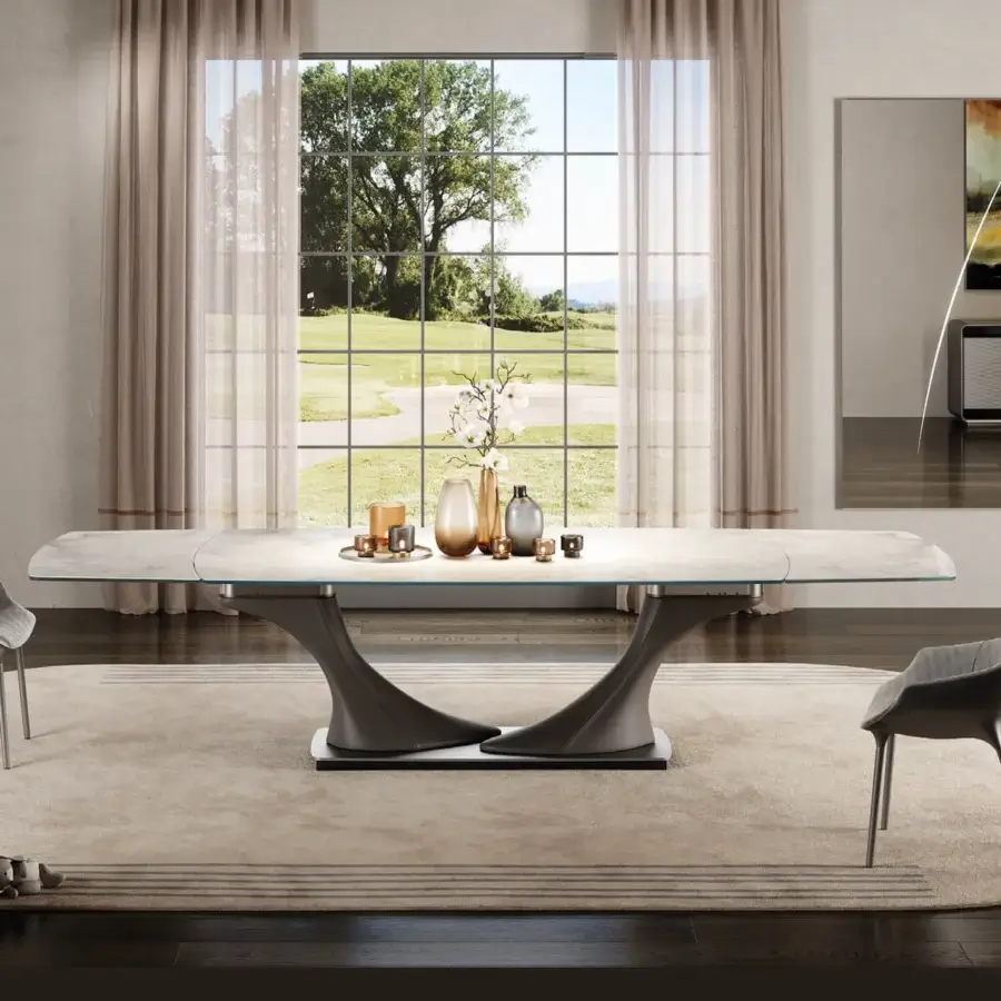 Innovative Reflex Archimede table with square-round Marble glass and a satin dark brass metal plinth built with Naturale or Nabuk leather legs