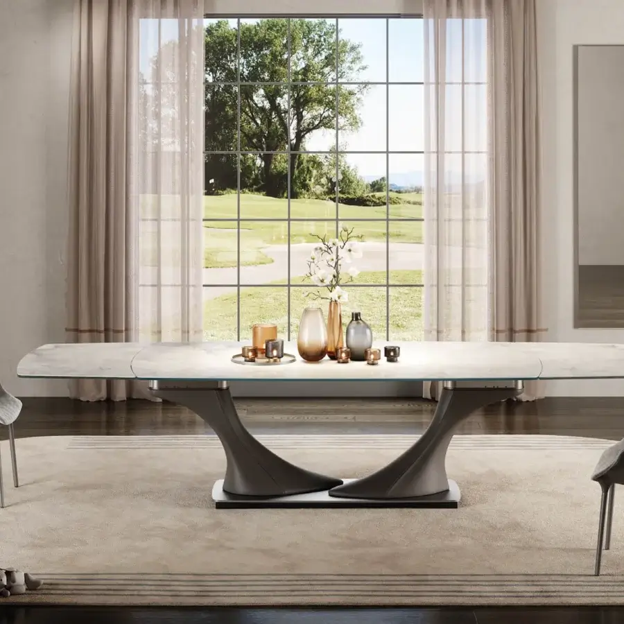 Superior Reflex Archimede table with light Marble glass top and dark brown leather Naturale legs in dark titanium satin finish