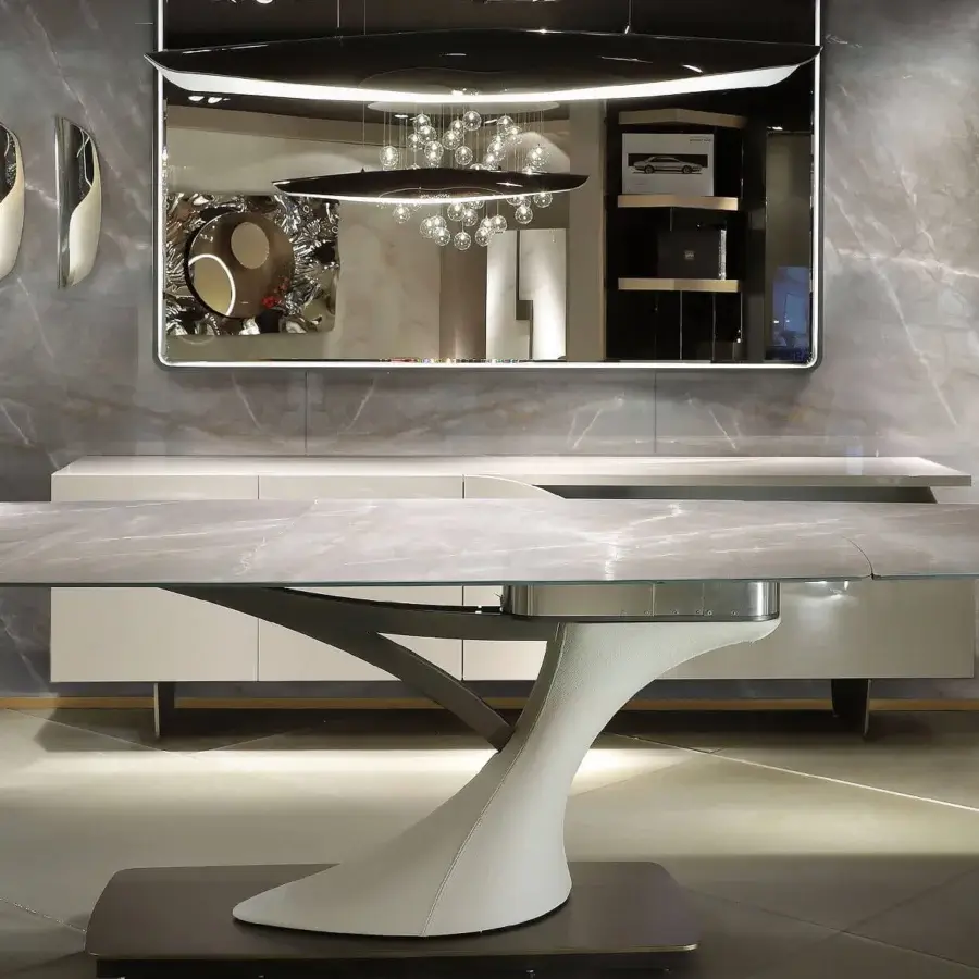 Exceptional Reflex Archimede table with square-round Marble glass in light gray and Naturale leather legs with satin dark titanium finish