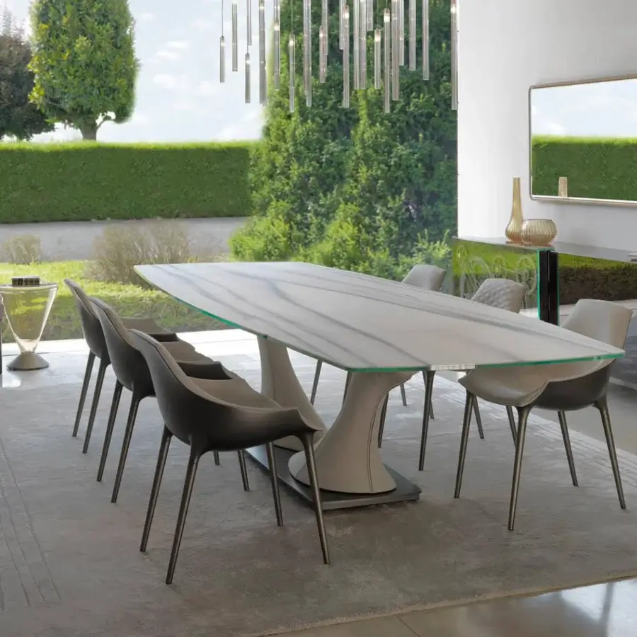 Distinguished Reflex Archimede table crafted with Marble glass in white and gray, supported by an off-white pedestal and satin dark metal plinth