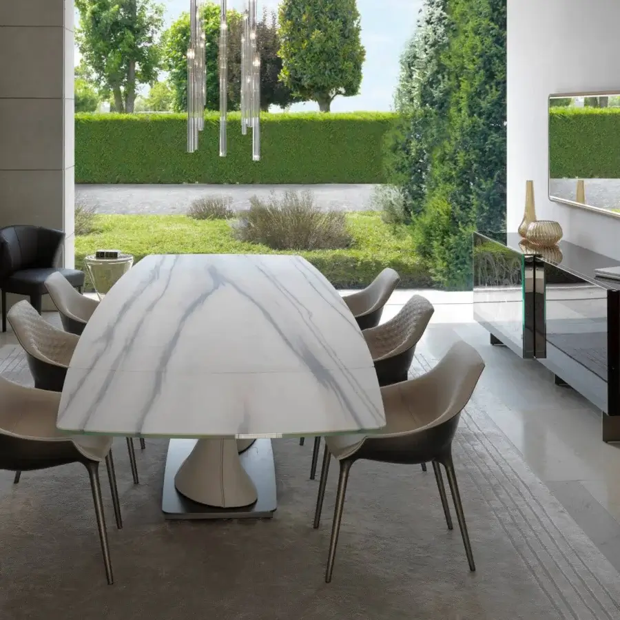 Superior Reflex Archimede table built with Marble glass in gray and white tones, plus satin metal and Naturale leather