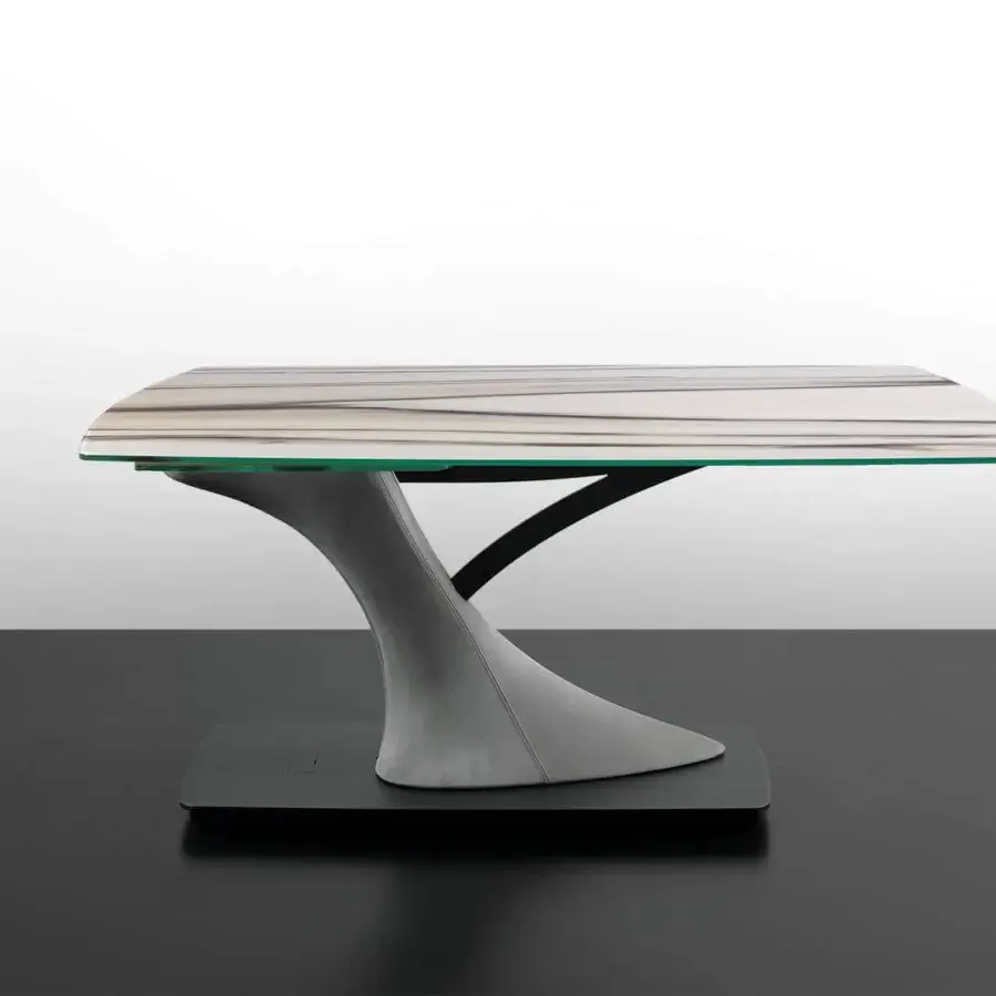 Distinguished Reflex Archimede table with square-round Marble glass and satin dark titanium metal plinth crafted with Naturale leather legs
