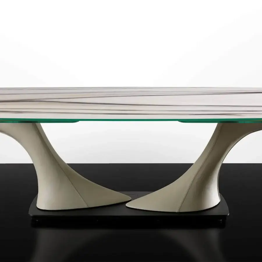 Sophisticated Reflex Archimede table with square-round Marble glass, Naturale leather legs and satin titanium metal plinth