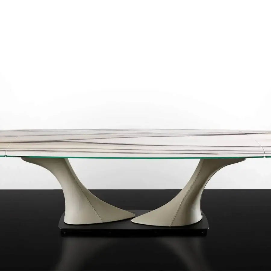 Lavish Reflex Archimede table with square-round Marble glass, Naturale leather legs and dark titanium satin plinth