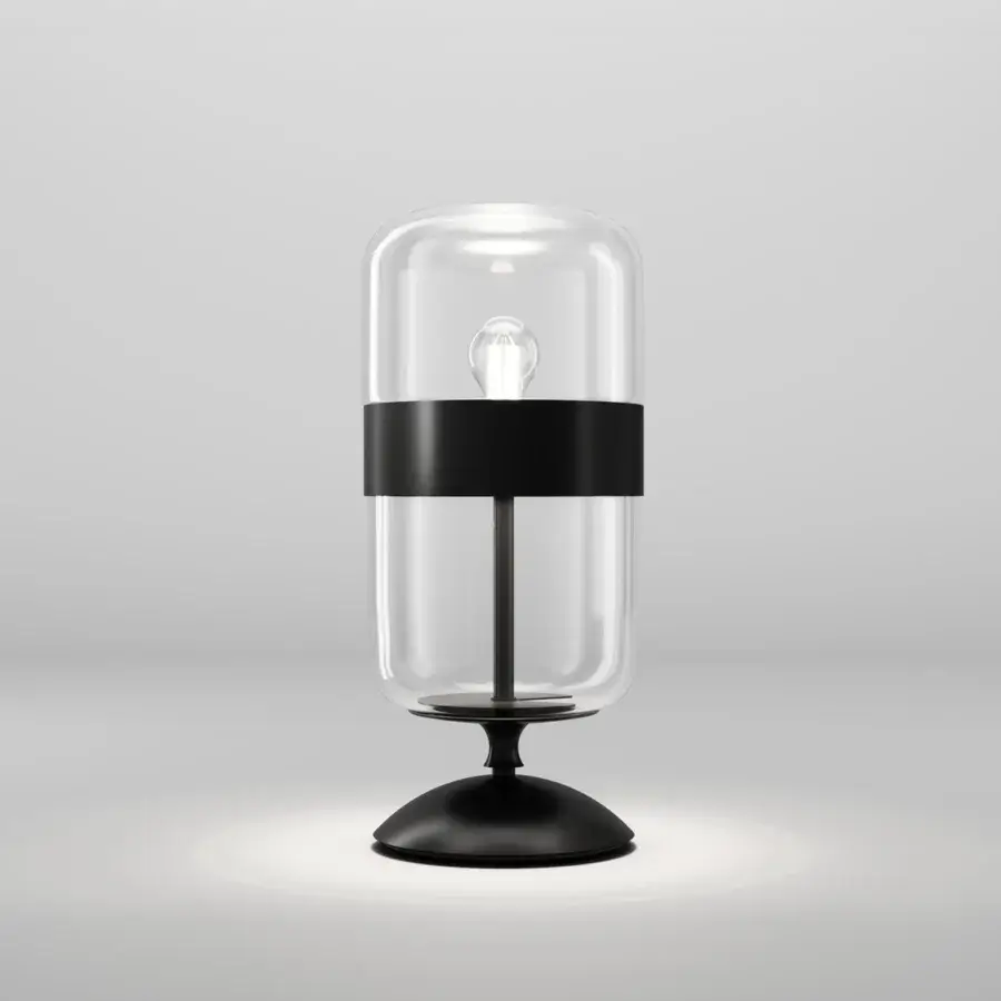 Sophisticated Vistosi Futura table lamp crafted in hand-blown glass with a sleek black metal ring