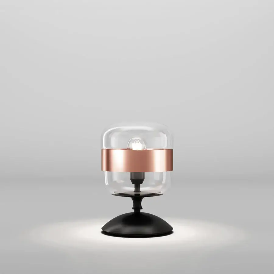 Exclusive Vistosi Futura table lamp crafted in transparent to diffused hand-blown glass with a glossy metal ring and matte black base