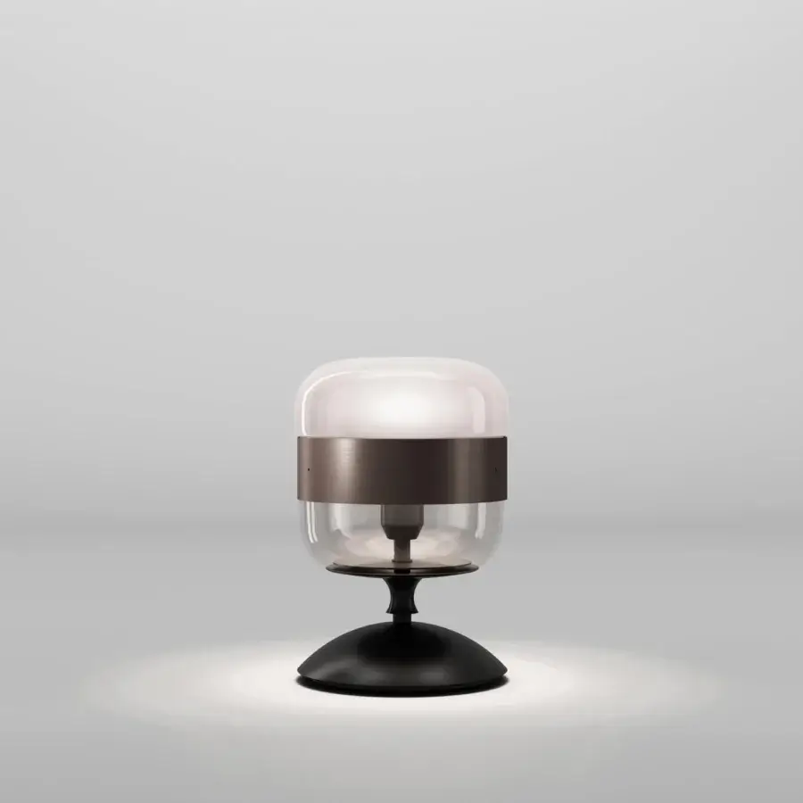Elegant Vistosi Futura table lamp with opaque white blown glass shade and dark matte base