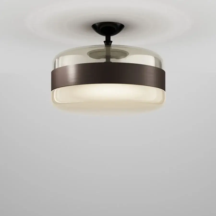 Superior Vistosi Futura ceiling lamp with transparent smoky and diffused light-yellow blown glass in dark bronze finish